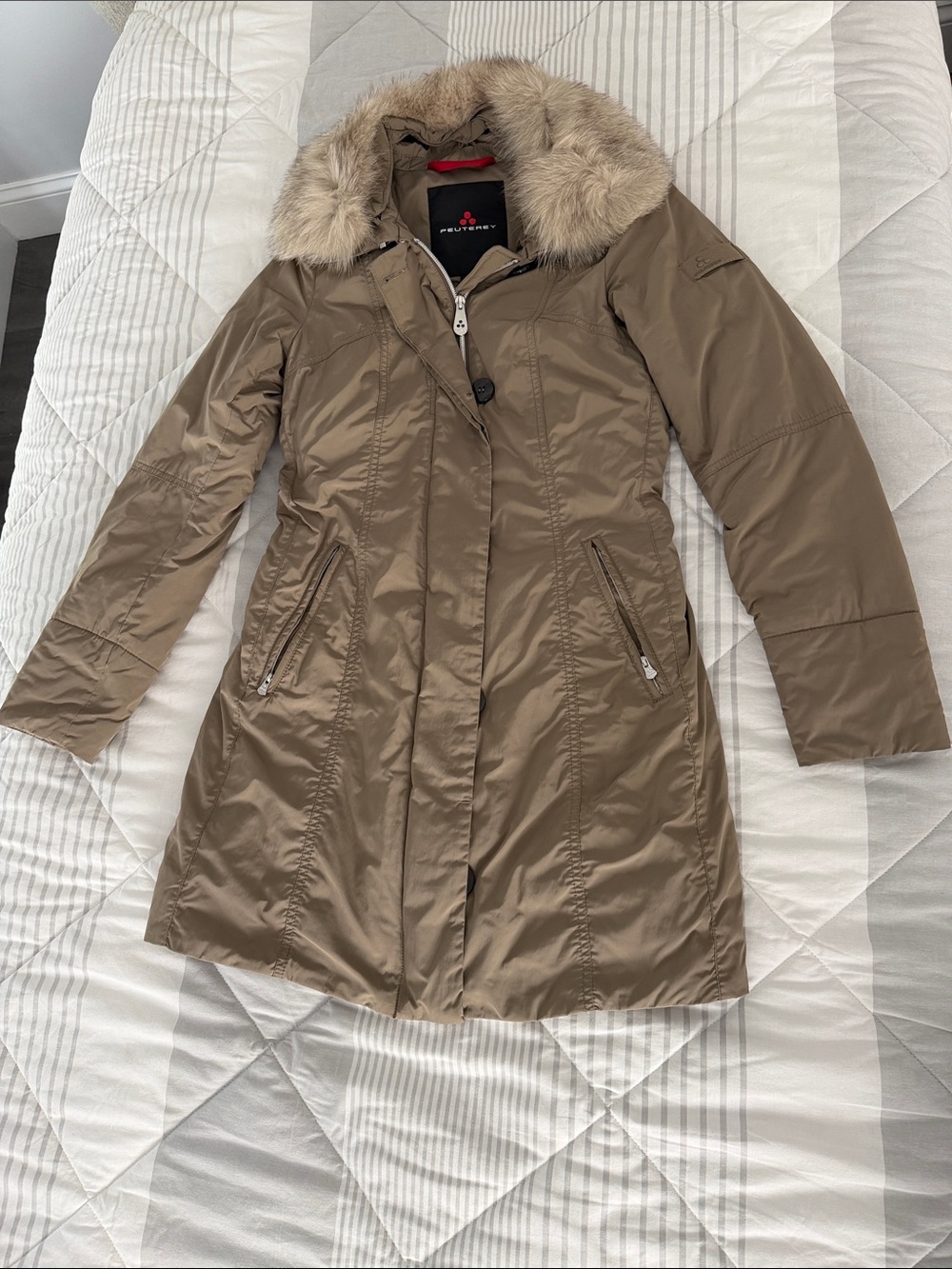 Peuterey Taupe Long Puffer Coat with Faux-Fur Hood